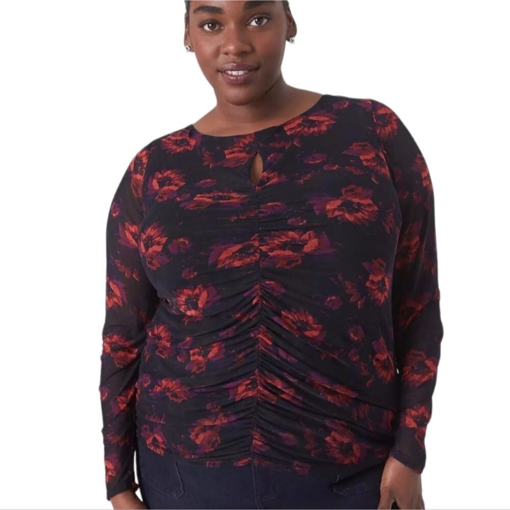 Lane Bryant Fitted Ruched-Front Mesh floral Top 18/20